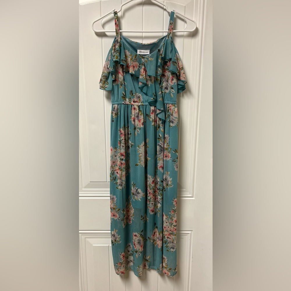 Turquoise floral, Bonnie Jean dress. Lined with sheer overlay.  Girls size 14.